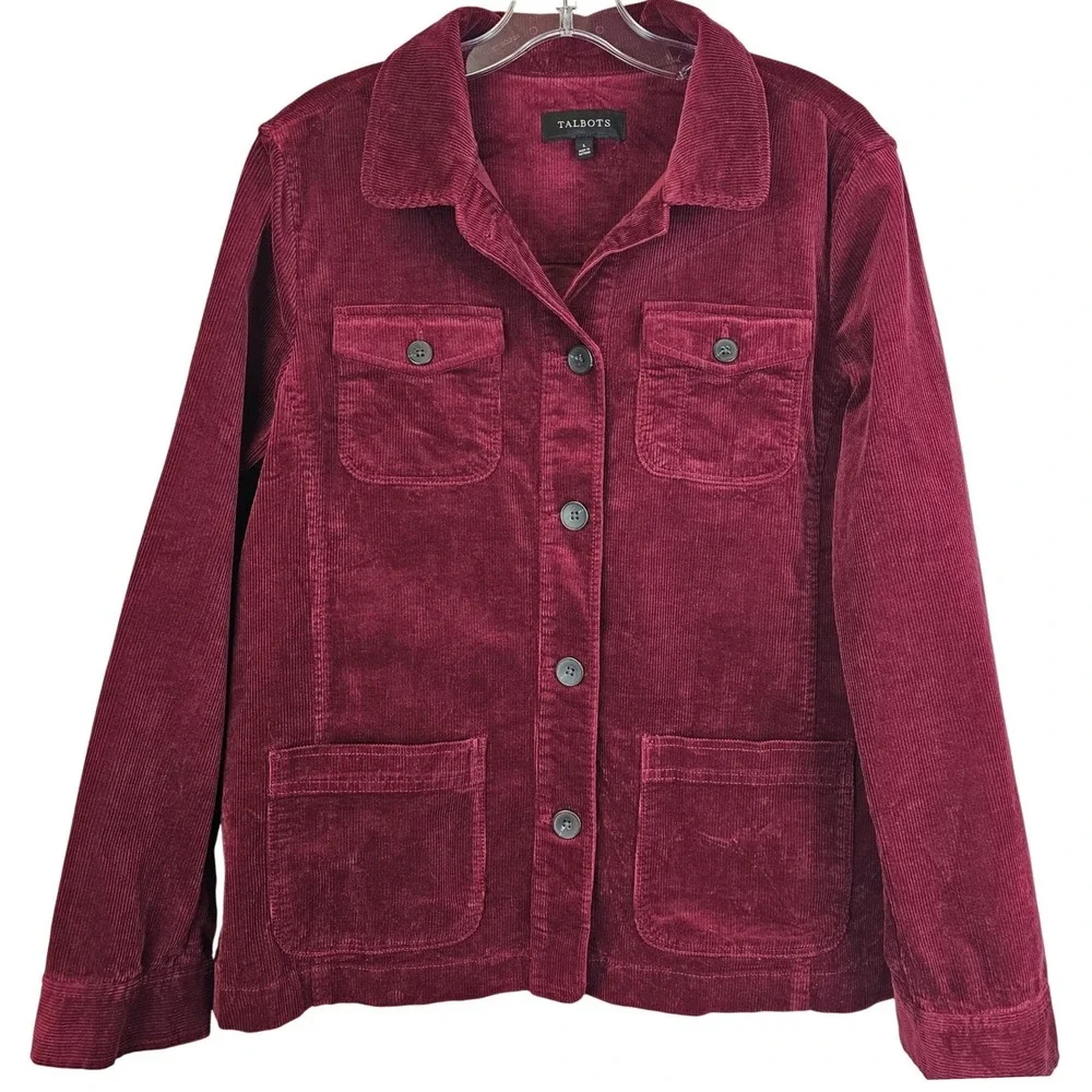 Talbots Corduroy Jacket Womens L Wine Maroon Button Front Classic Casual Trucker